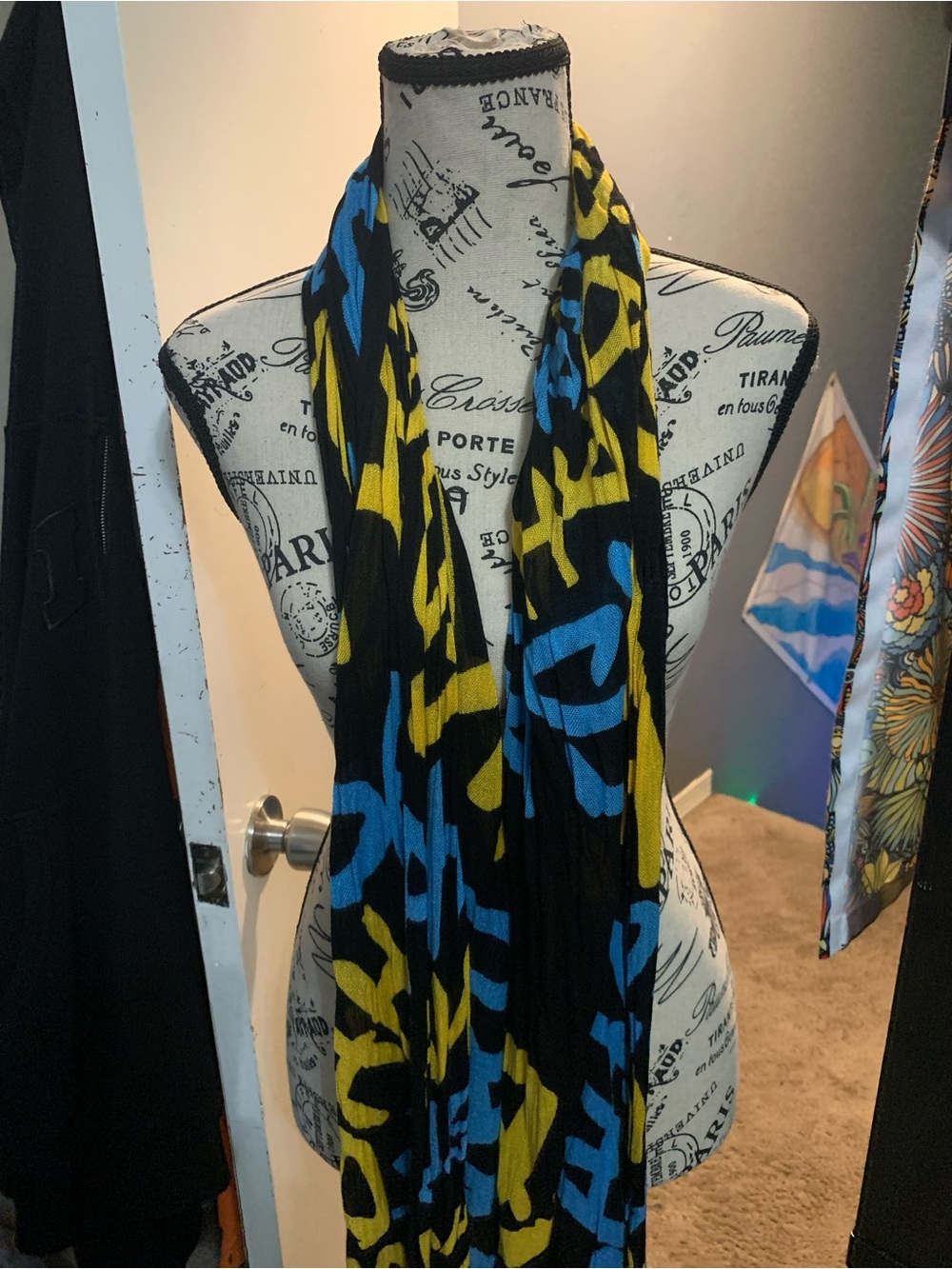 Bold Black Scarf with Blue & Yellow Abstract Print-bought in Bahamas